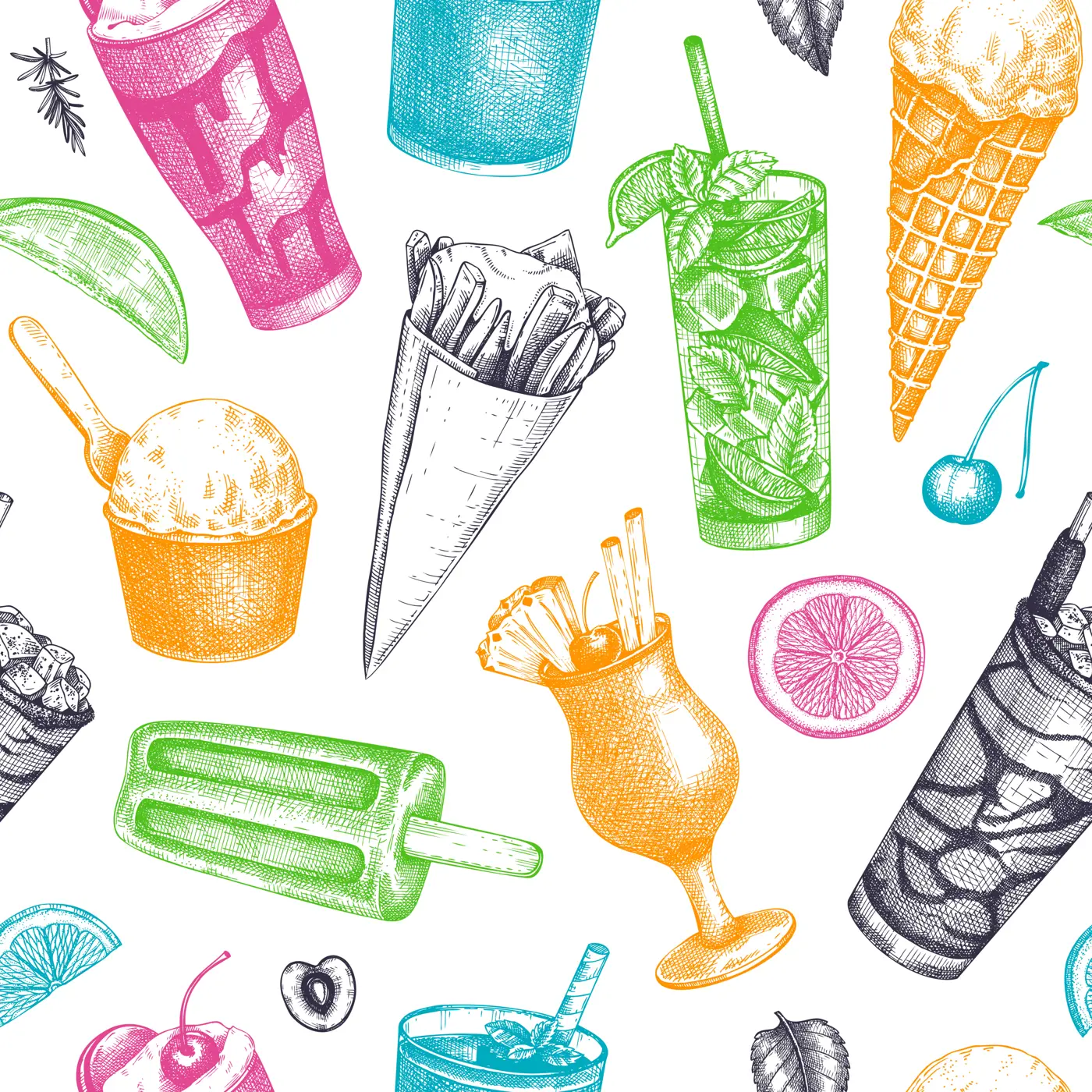 Summer party background. Tropical seamless pattern. Non-alcoholic beverage, mocktail, ice cream, fruit, cocktail sketches. Hand drawn vector illustration. Summer food and drinks design. Illustration